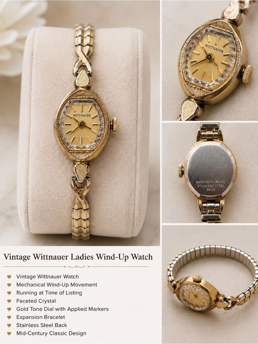 Vintage Wittnauer Ladies Wind-Up Watch Gold Tone Running Mid-Century Wristwatch
